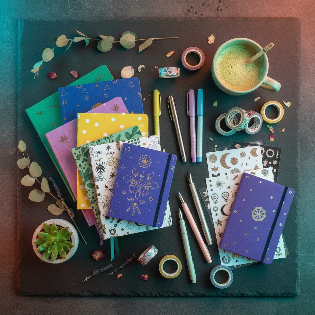 Colorful journals and pens laid out for a writing session