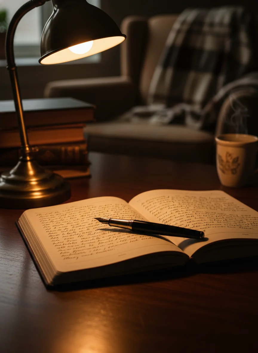 A pen resting on an open journal, warm lamplight