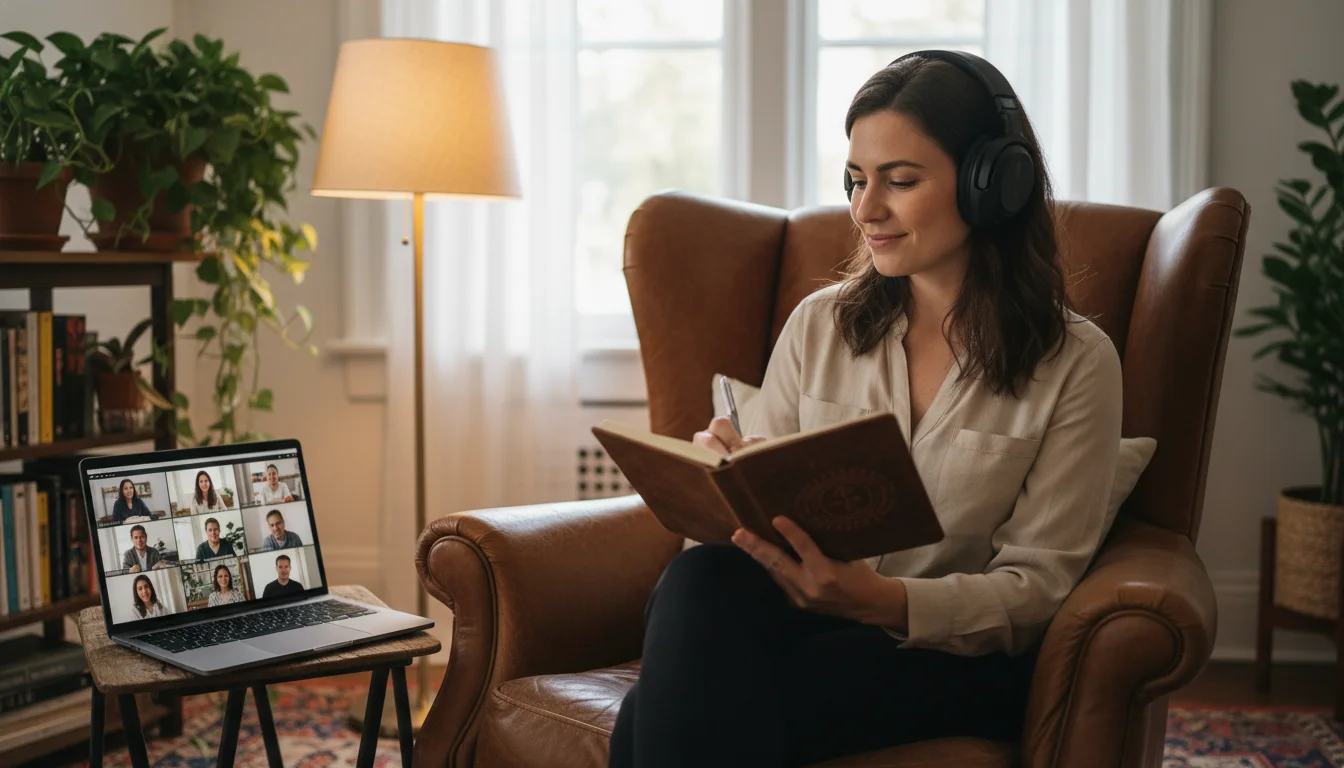 A person comfortably journaling at home during a live session