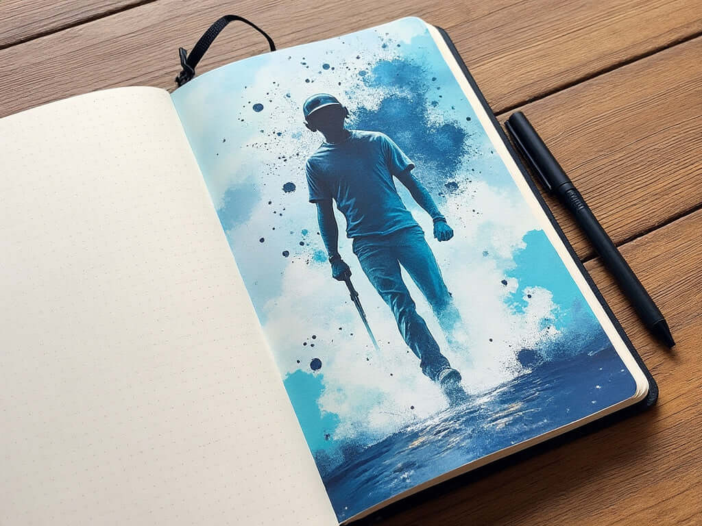 Vibrant bullet journal page with a male silhouette and a pen on a wooden table, showcasing creative journaling for men.