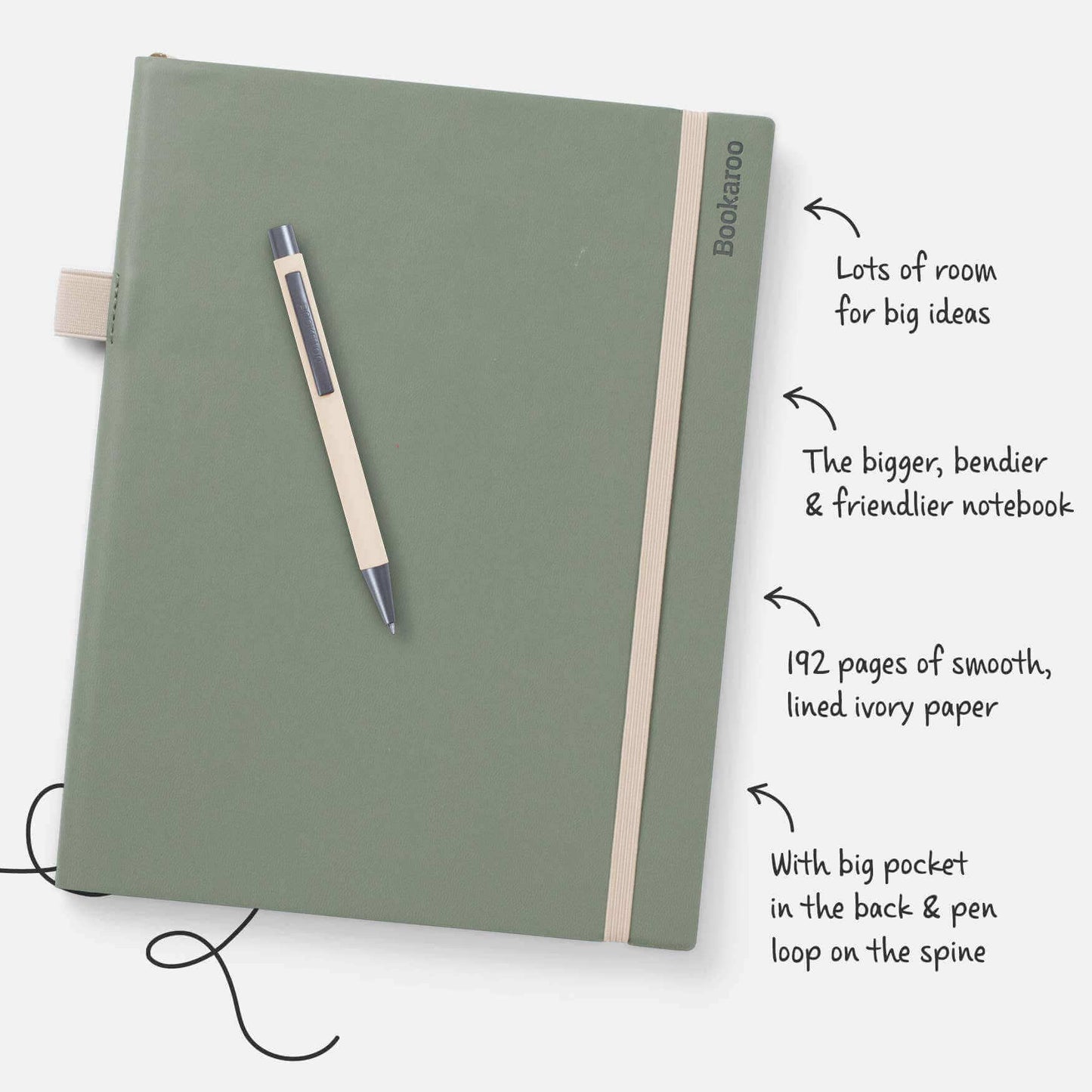 Bookaroo Bigger Things Notebook with pen loop, back pocket, and 192 lined pages for journaling, journal prompts, and guided journaling.