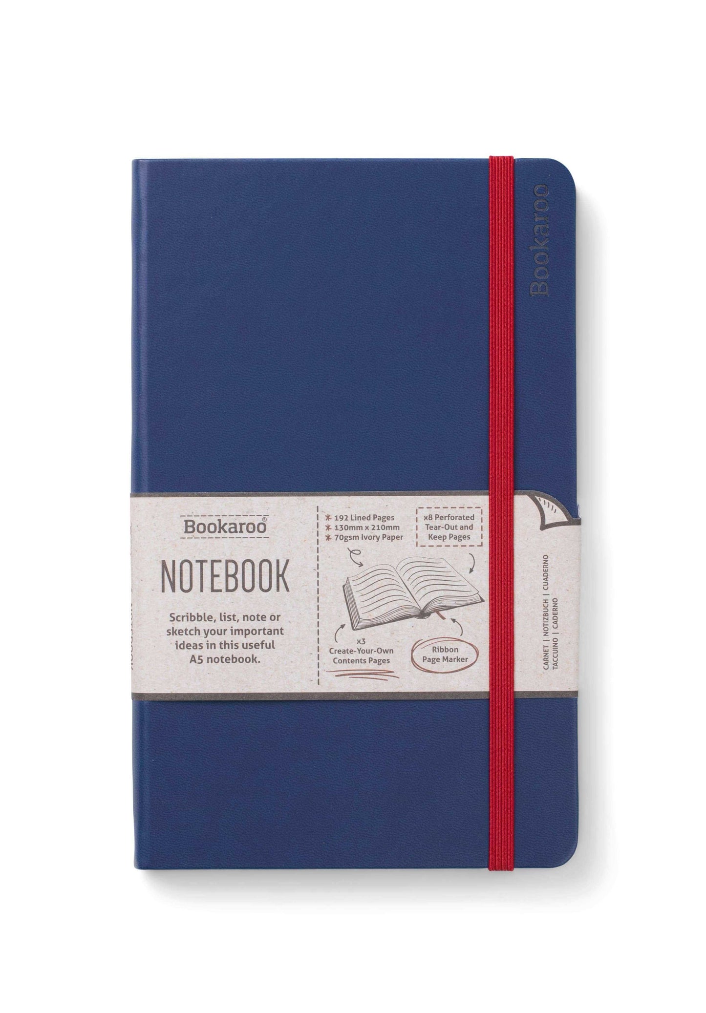 Bookaroo A5 Notebook in blue with a red elastic strap, perfect for journaling and organizing with 192 ivory pages and perforated tear-out pages.