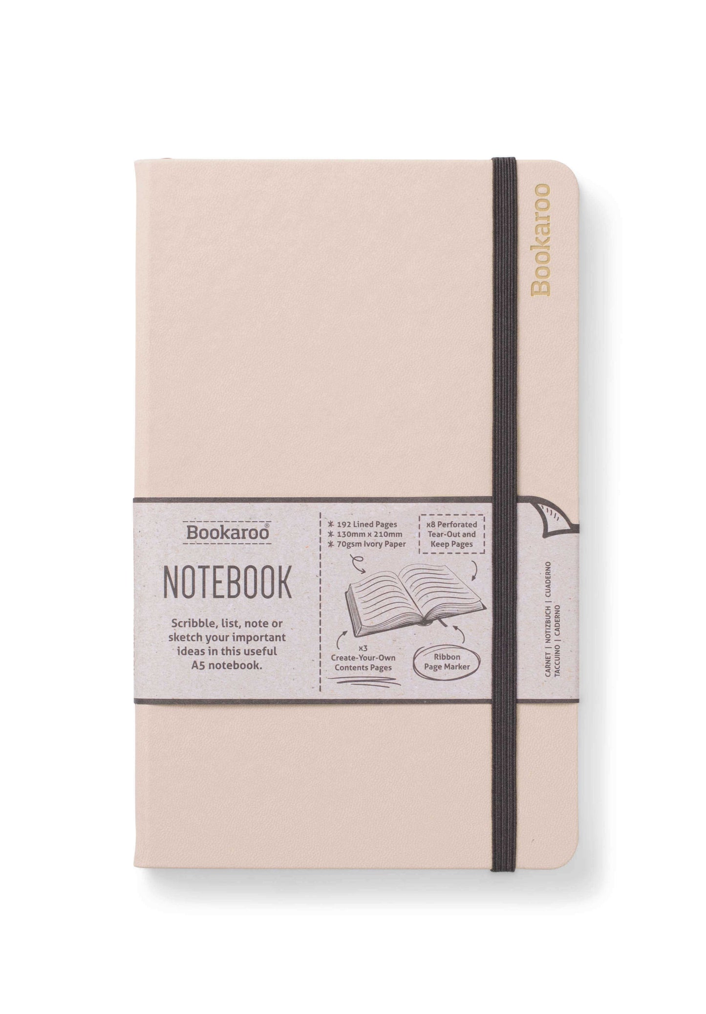 Bookaroo A5 Notebook with playful ivory pages for journaling, prompts, and guided journaling. Hard cover and elastic closure, perfect for journal supplies.