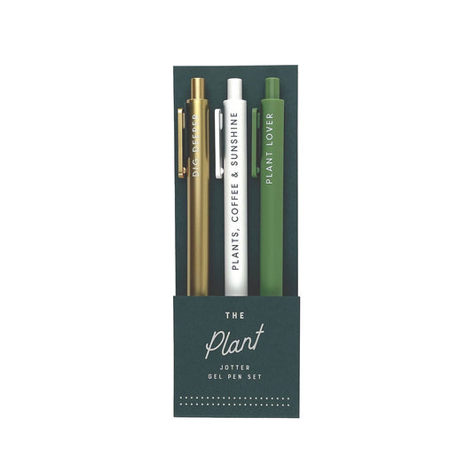 Set of 3 plant-themed jotter gel pens for journaling and guided journaling with sayings "Plant Lover," "Plants, Coffee & Sunshine," and "Dig Deeper."