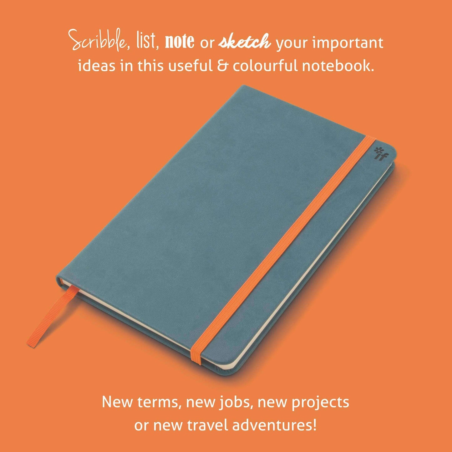 Bookaroo A5 Notebook in blue with an orange band, perfect for journaling, journal prompts, and guided journaling with 192 quality pages.