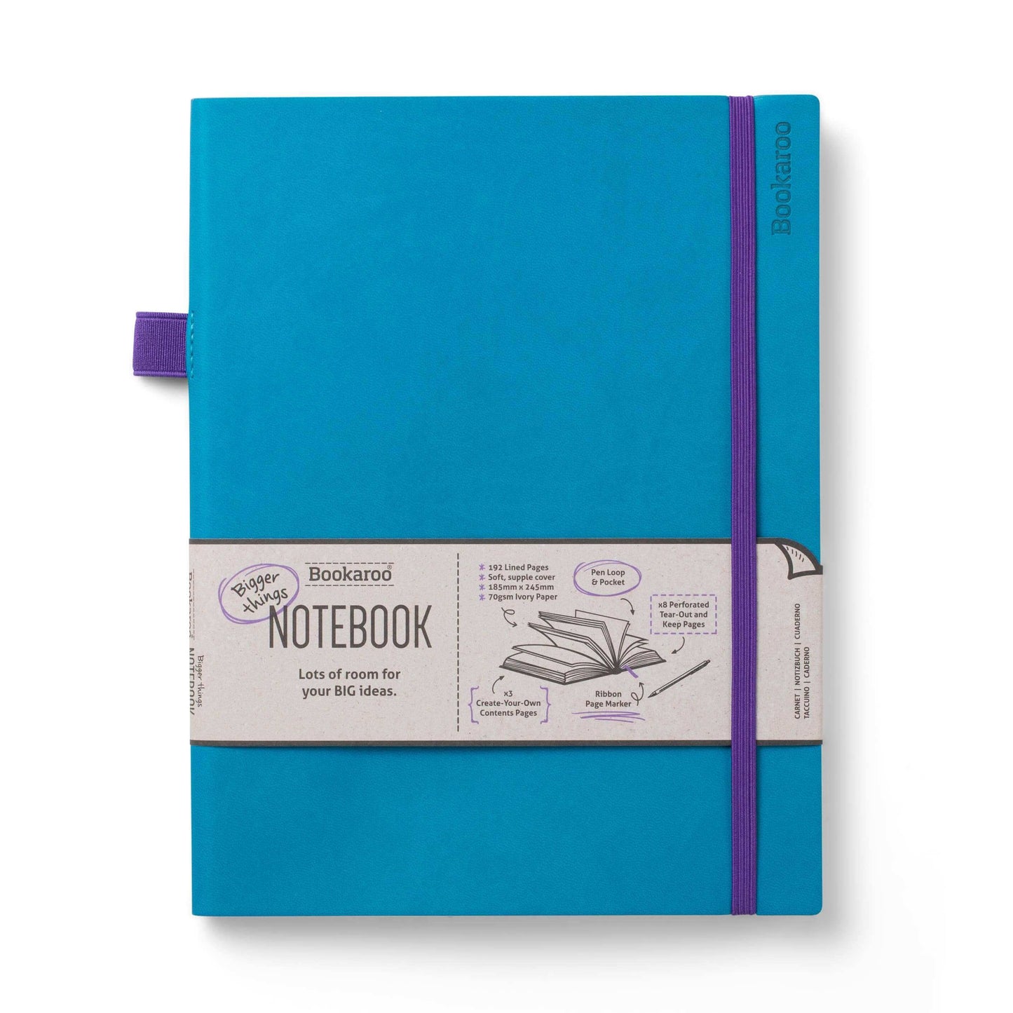 Bookaroo Bigger Things Notebook with ultra-soft faux leather cover, pen loop, and back pocket. Perfect for journaling and guided journaling.