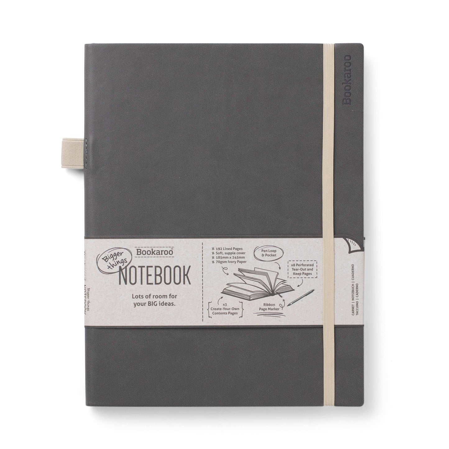 Bookaroo Bigger Things Notebook with flexible faux leather cover, back pocket, and pen loop for journaling and guided journal prompts.