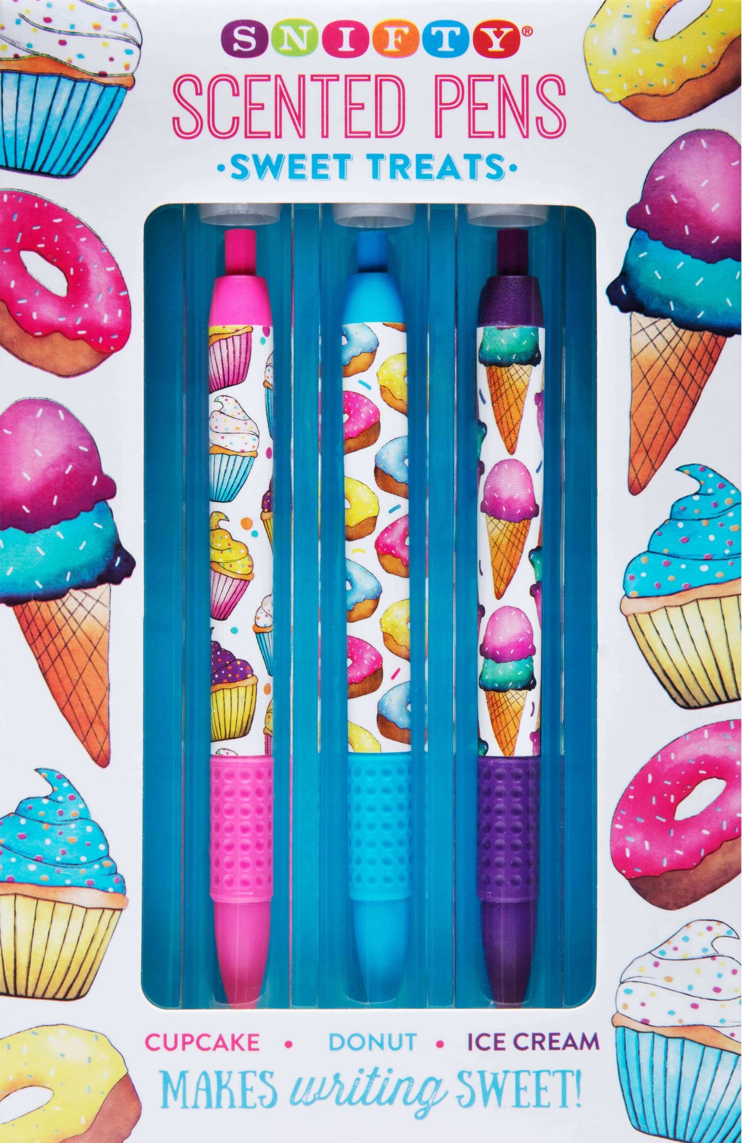 Sweet Treats Scented Pen Set with Cupcake, Donut, and Ice Cream scents, perfect for journaling and journal prompts. Fun journal supplies box