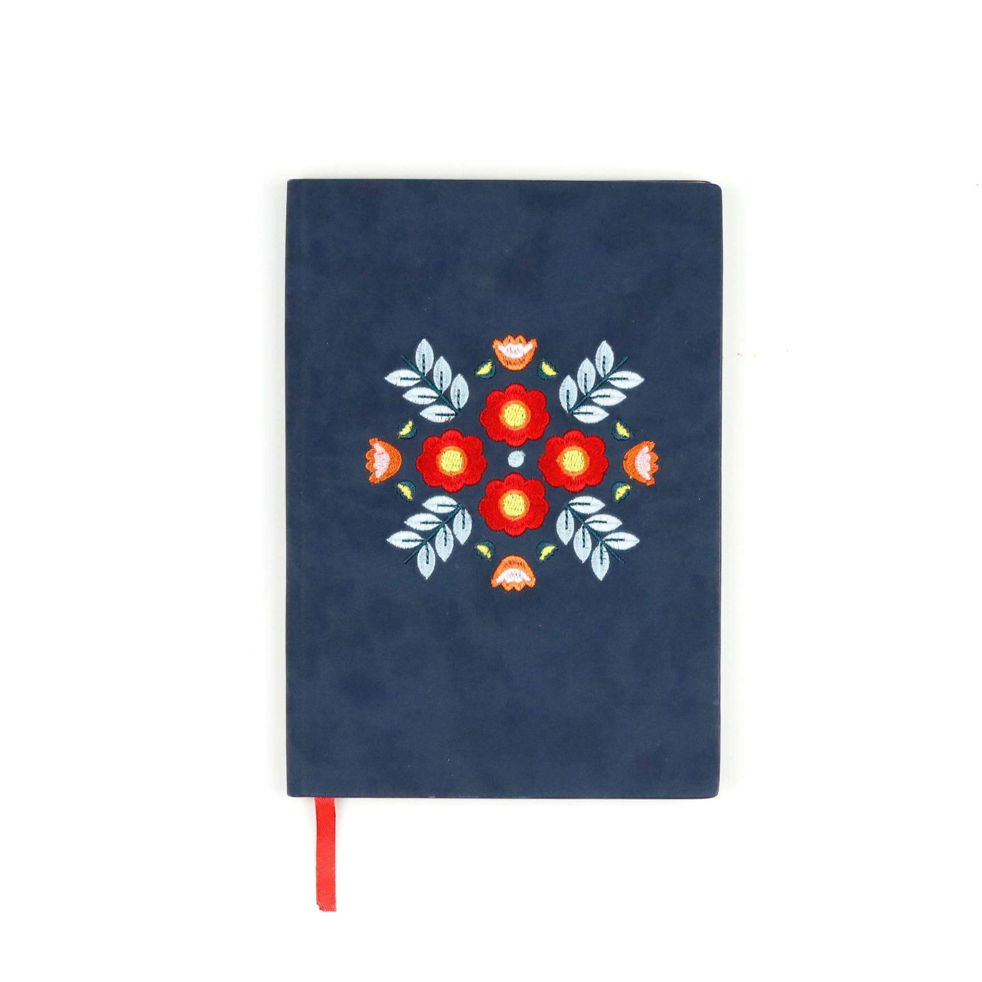 Evelynn Embroidered Layflat Journal Notebook with Red Floral Design on Blue Hardcover