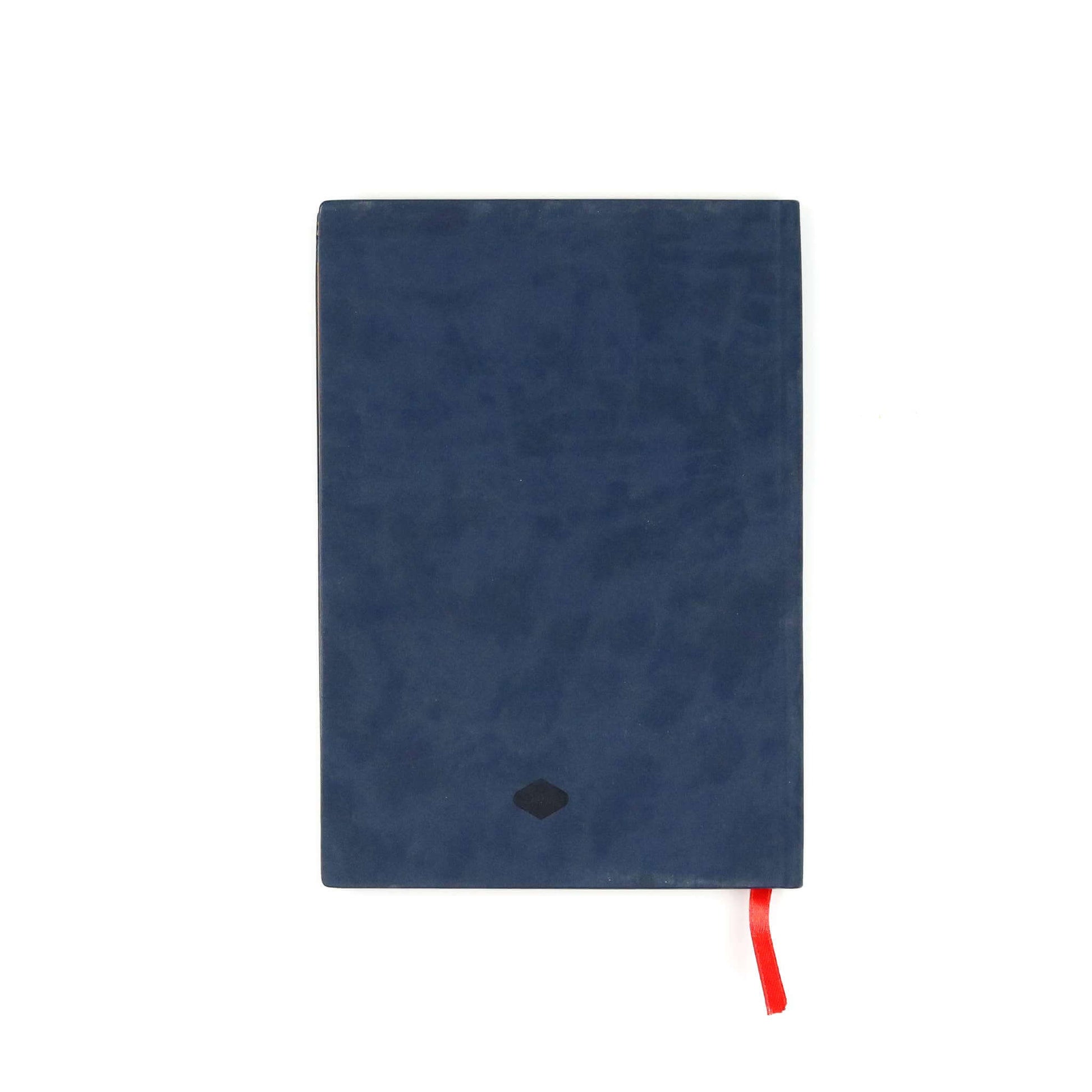 Evelynn embroidered layflat journal notebook with a blue cover and red ribbon bookmark