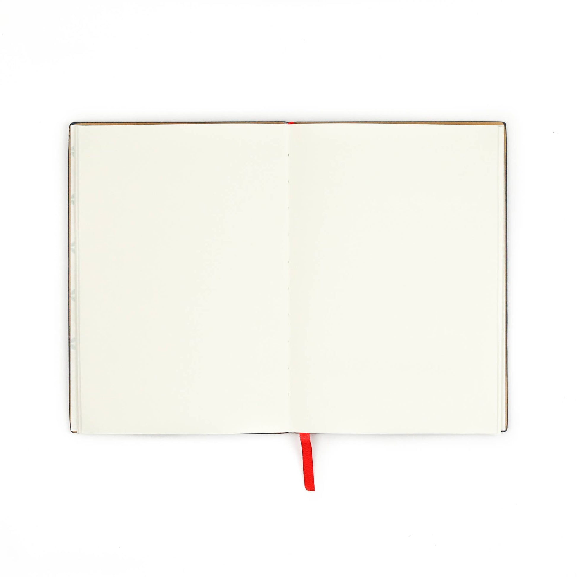 Open Evelynn Embroidered Layflat Journal Notebook showing cream-colored lined pages and a red satin ribbon bookmark, perfect for journaling.