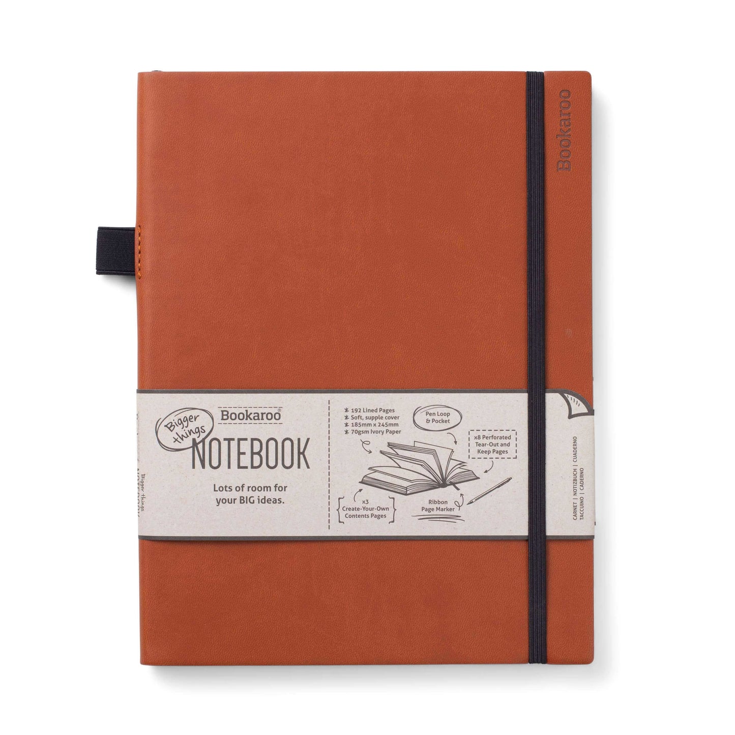 Bookaroo Bigger Things Notebook with faux leather cover, back pocket, pen loop, perfect for journaling and guided journaling prompts.