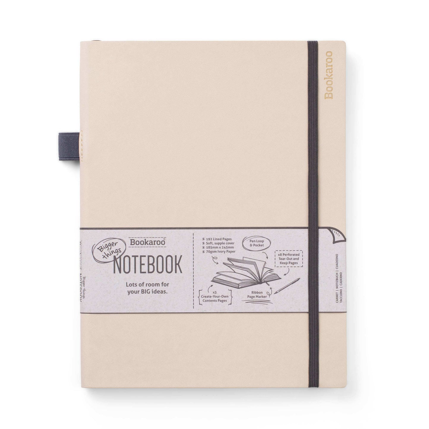 Bookaroo Bigger Things Notebook with ultra-soft faux leather cover, lined pages, pen loop, and back pocket for easy journaling.