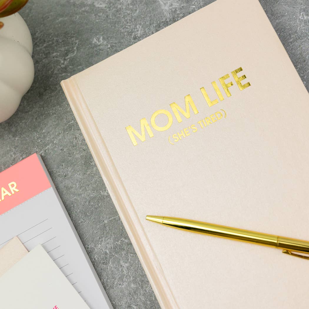 Coral Sparkle 'Mom Life (She's Tired)' Journal with Gold Foil, 256 Ruled Sheets, and Ribbon. Perfect for guided journaling and journal supplies!