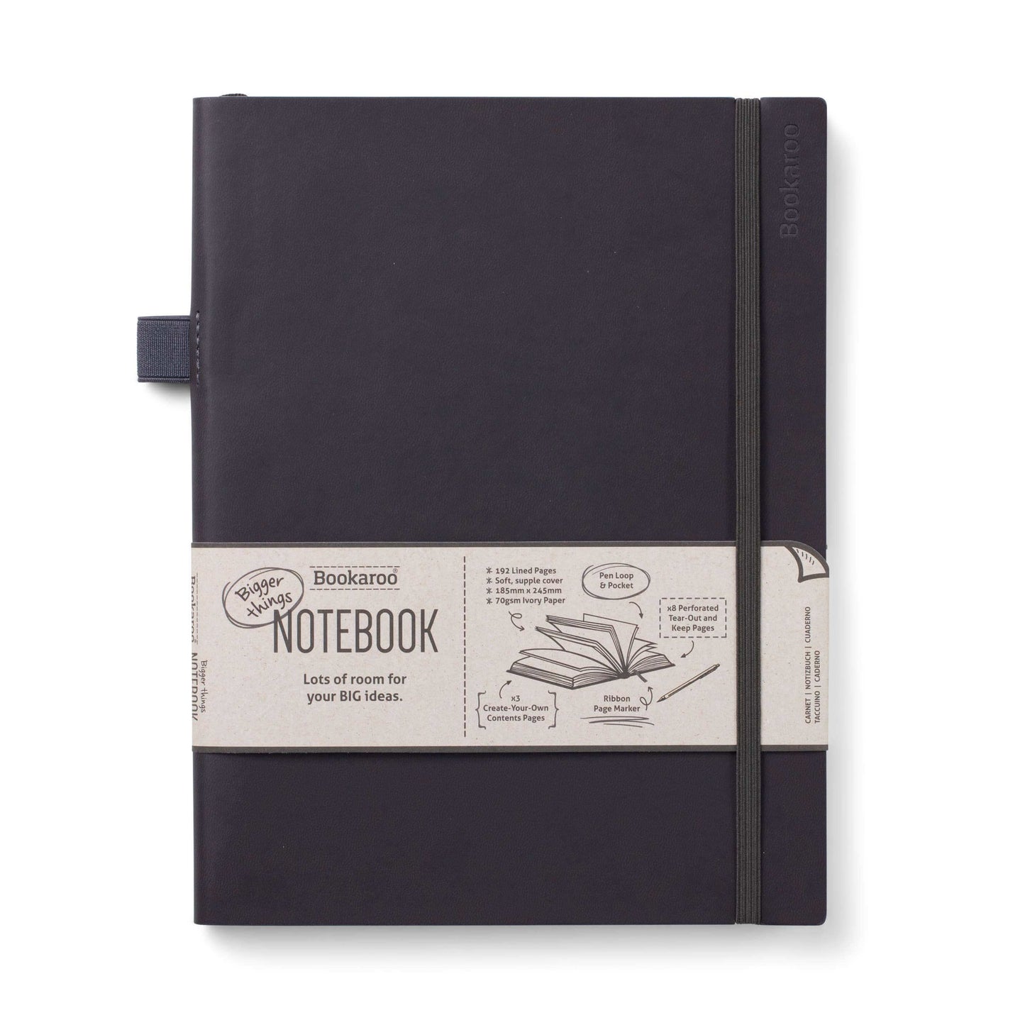 Black Bookaroo Bigger Things Notebook with faux leather cover, pen loop, back pocket, and lined pages for journaling and journal prompts.