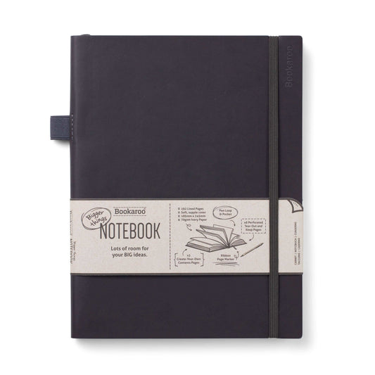 Bookaroo Bigger Things Notebook with soft faux leather cover, back pocket, and pen loop perfect for journaling and carrying your ideas.