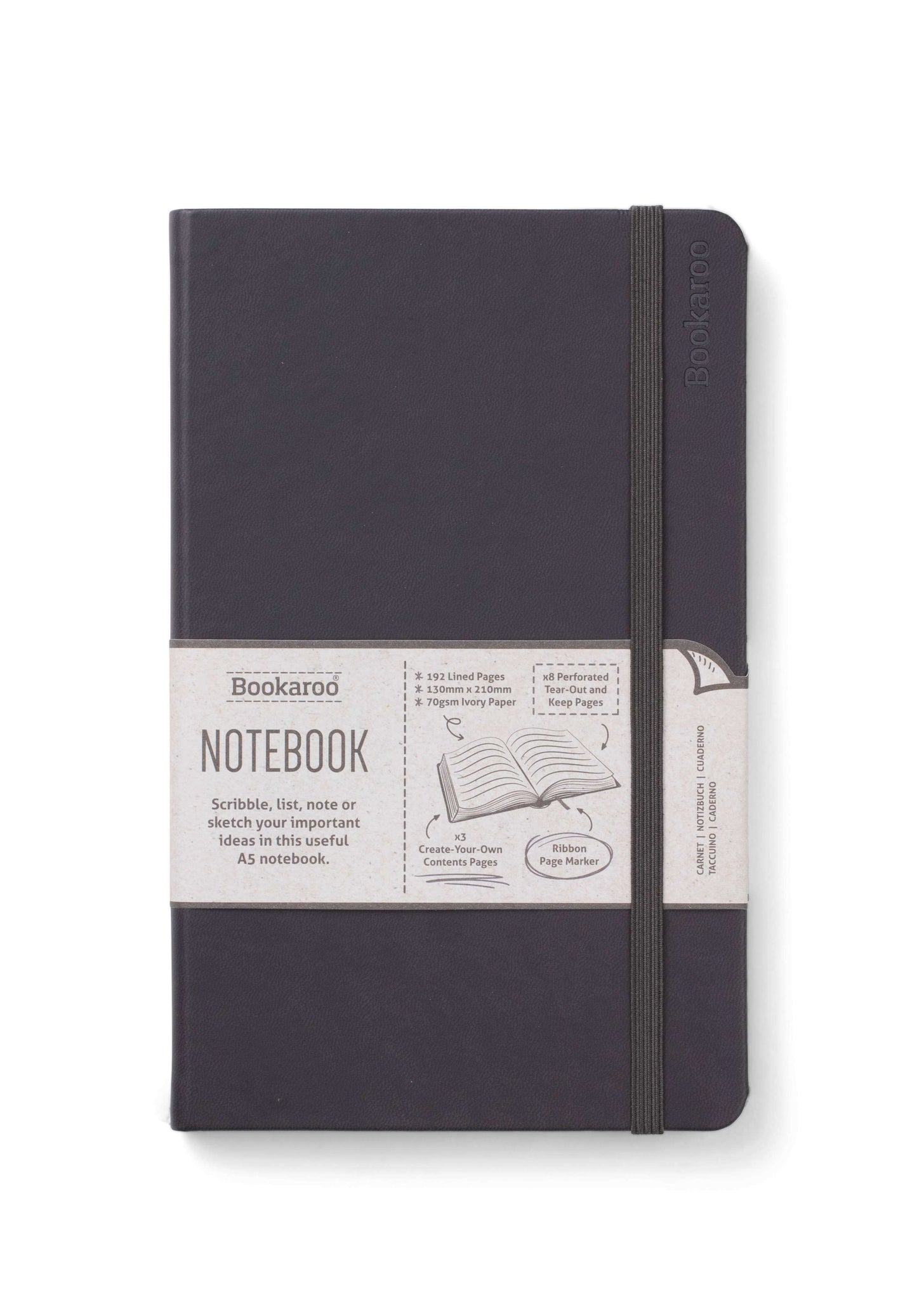 Bookaroo A5 Notebook with hard cover, ideal for journaling, featuring 192 ivory pages, contents page, page numbers, and perforated edges.