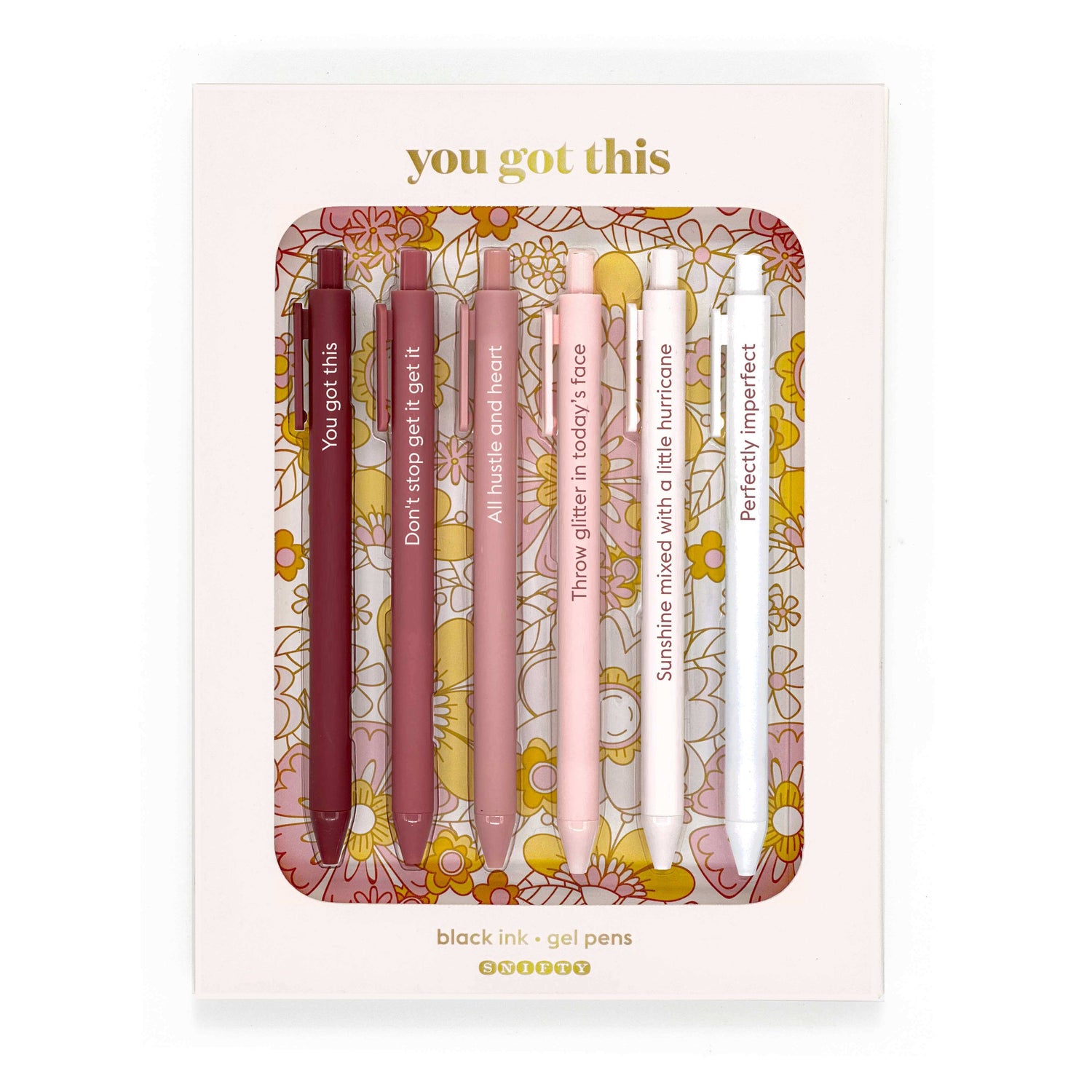 You Got This - Quotable Gel Pen Set of 6 with motivational phrases in floral packaging, perfect for stylish and inspiring journaling.