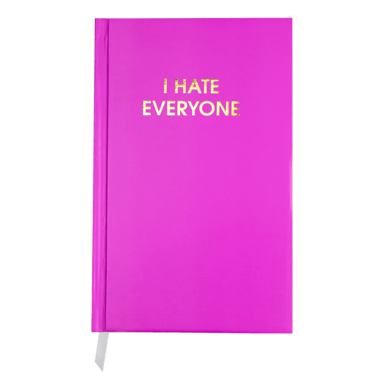 Bright pink "I Hate Everyone" journal with gold foil printing and white page marking ribbon for guided journaling.