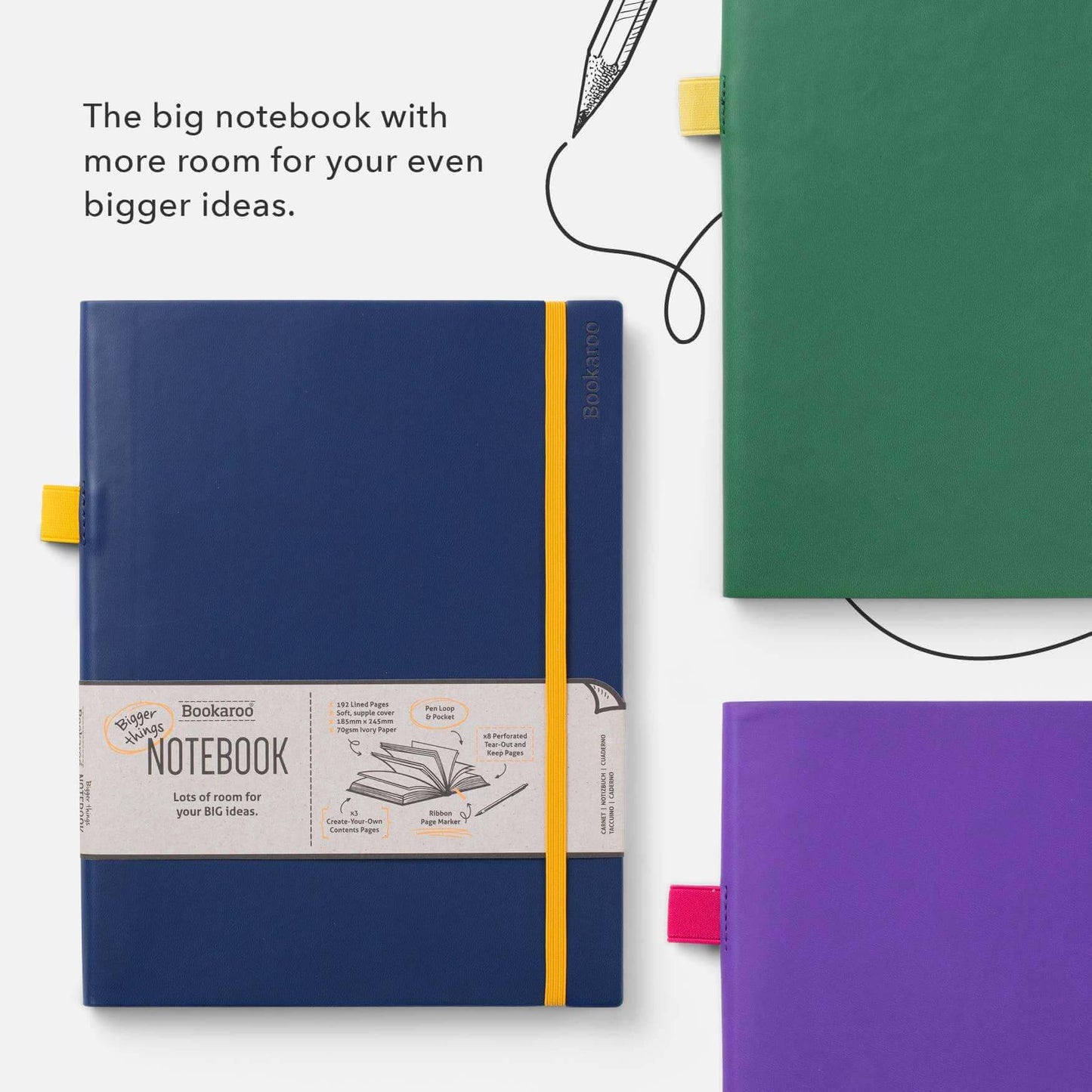 Colorful Bookaroo Bigger Things Notebooks for journaling and guided journaling, featuring faux leather covers, pen loops, and back pockets.