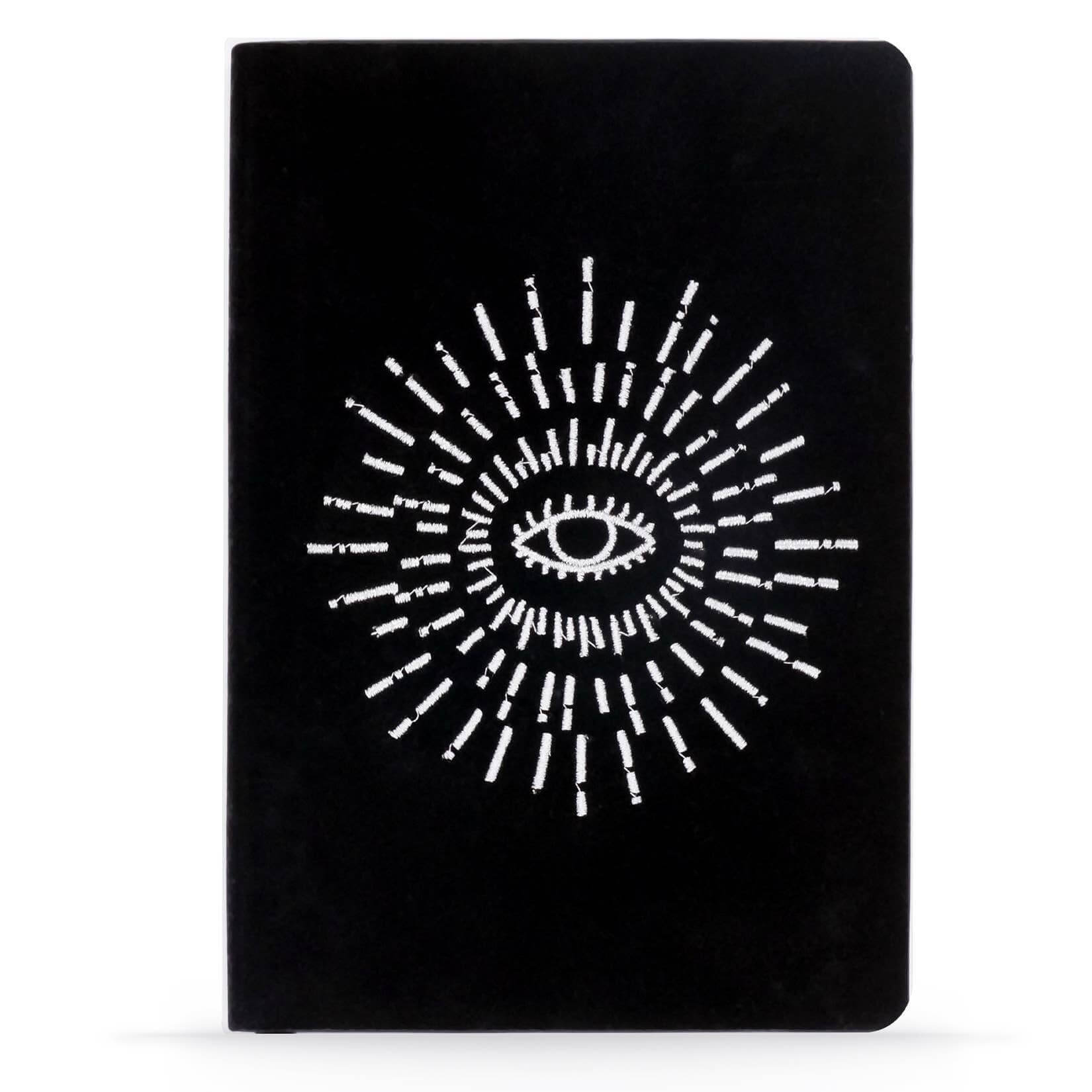 Awakening Embroidered Journal Notebook with eye embroidery on black cover, perfect for elegant journaling with 144 lined pages and layflat design