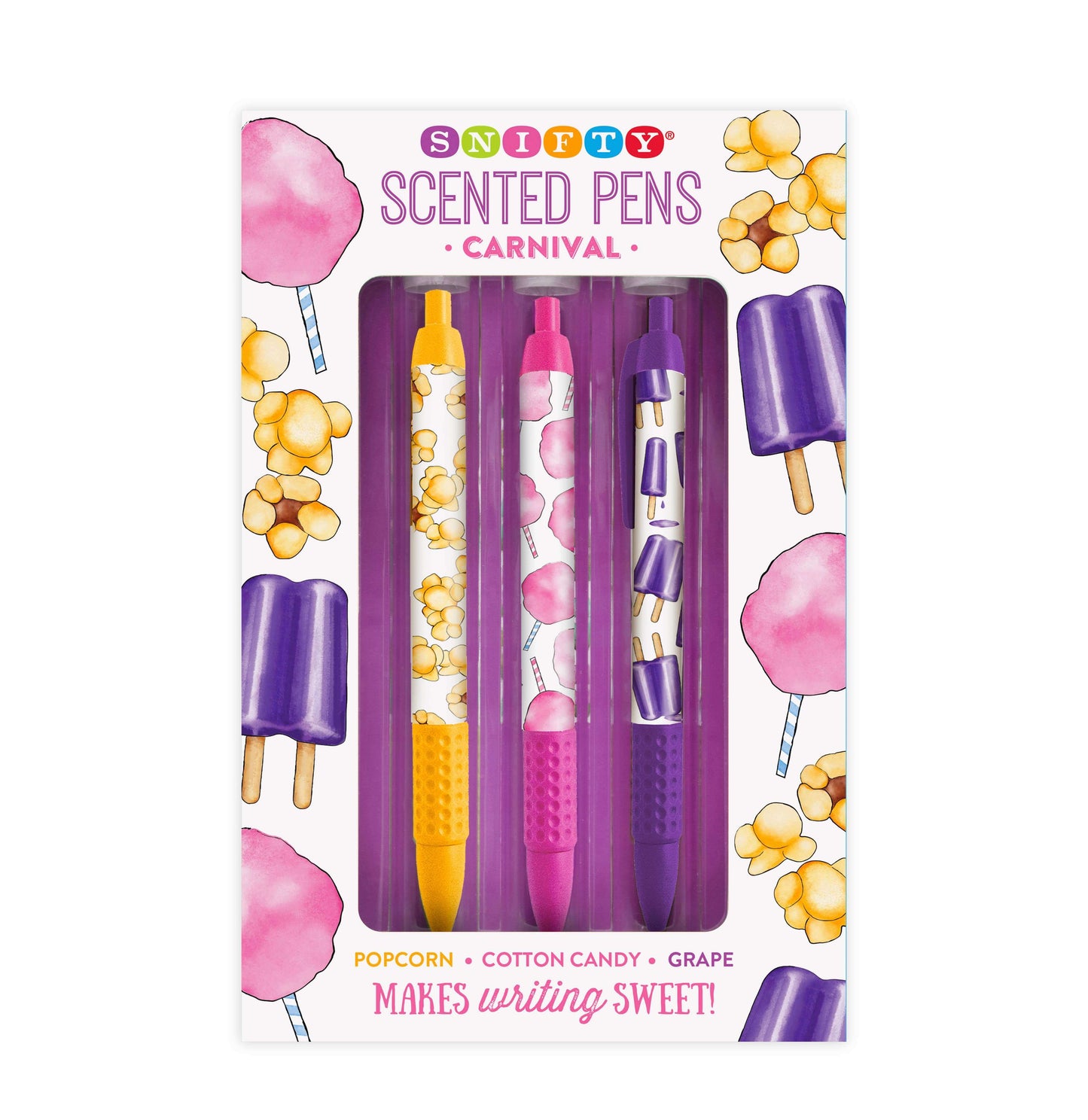 Carnival Scented Pen Set with Popcorn, Cotton Candy, and Grape Popsicle scents - Perfect for journaling! Boxed set of 3 colorful pens.