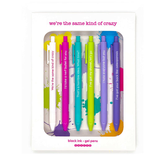 Colorful set of 6 quotable gel pens in a box with witty sayings, perfect for adding fun to journaling and gifting to best friends.