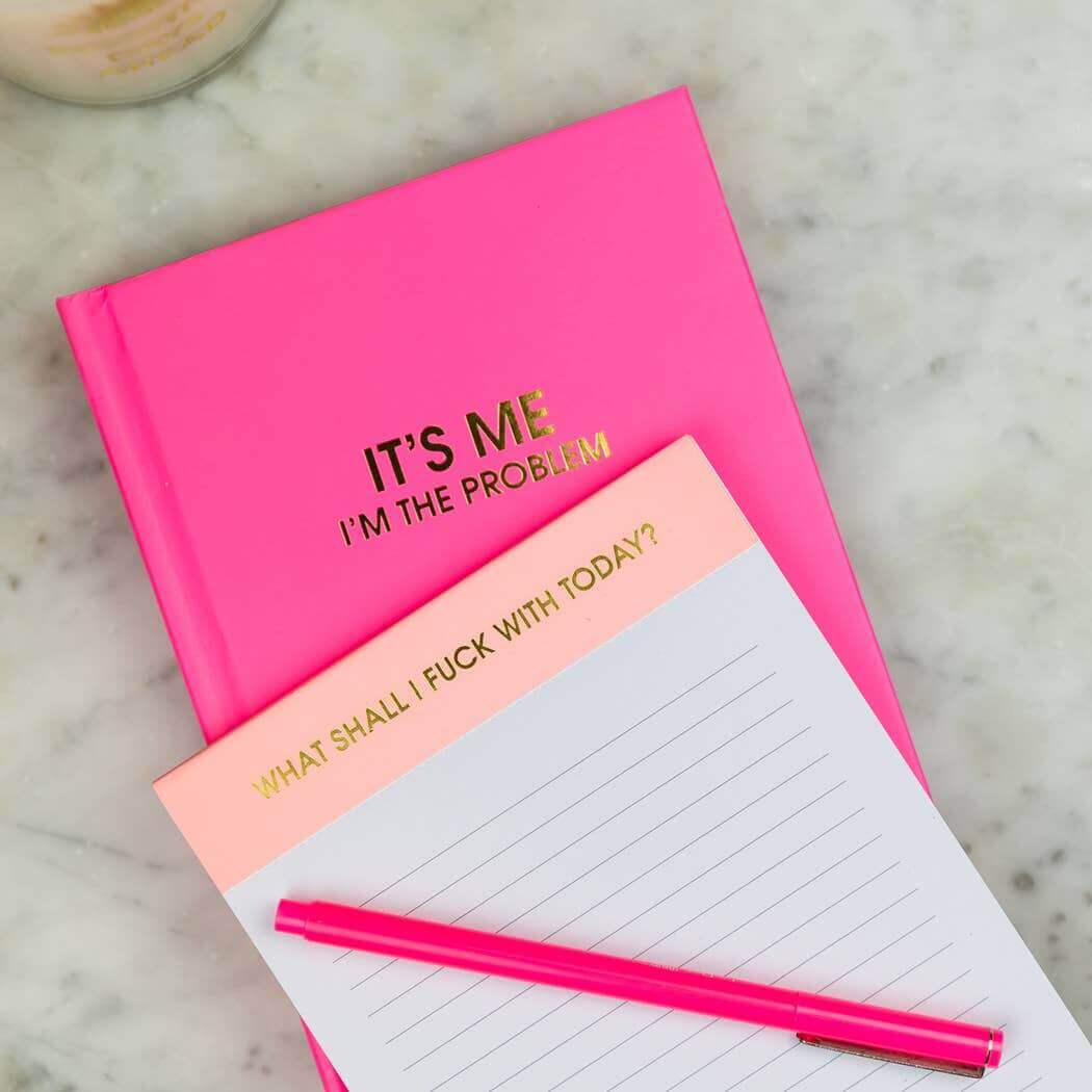 Pink hardcover "It's Me I'm The Problem" journal and lined notepad with pen, ideal for journaling, journal prompts, and guided journaling.