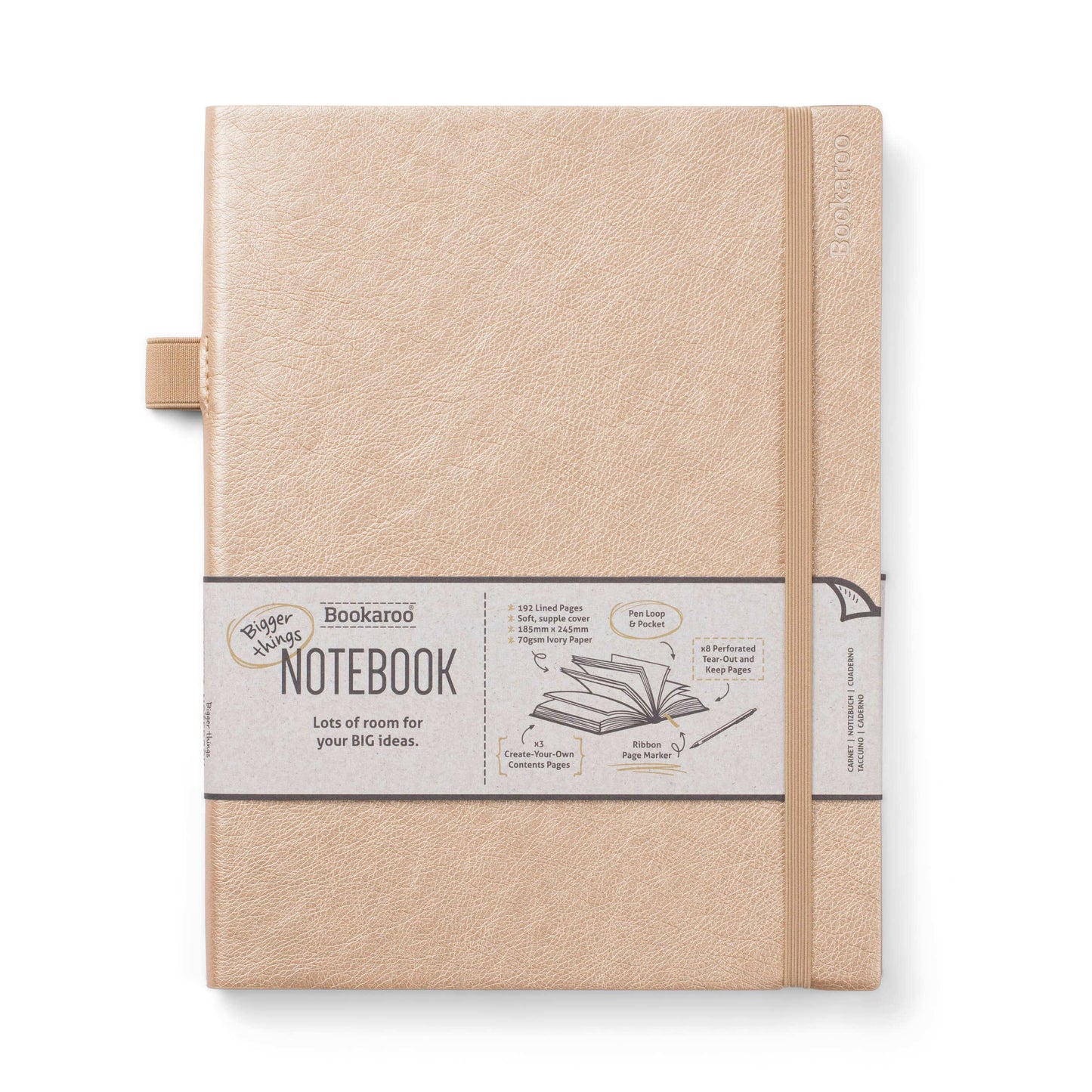 Bookaroo Bigger Things Notebook with faux leather cover, pen loop, and back pocket for journal and journaling needs