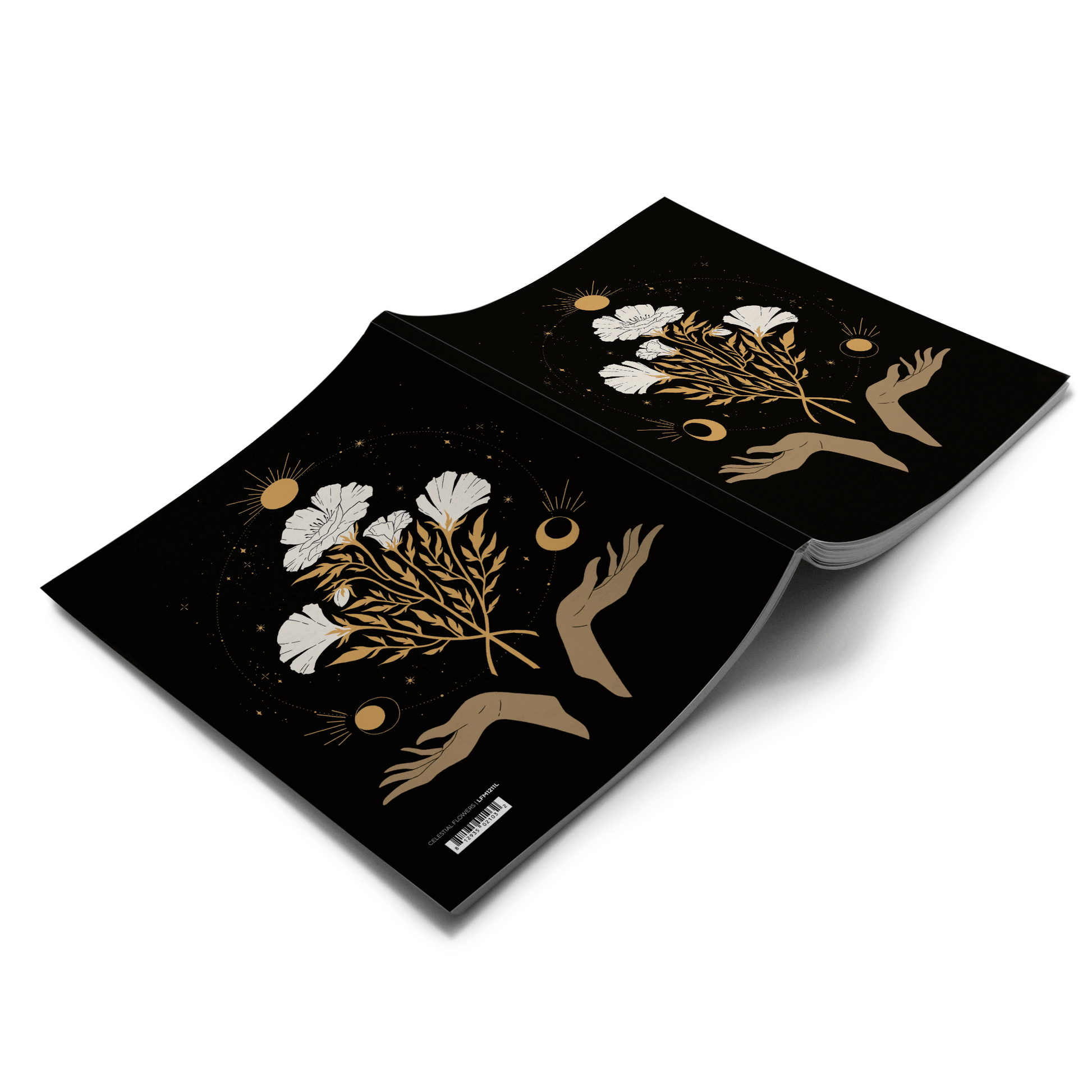 Celestial Flowers Medium Layflat Journal Notebook with black cover featuring gold hands and white flowers, perfect for guided journaling.