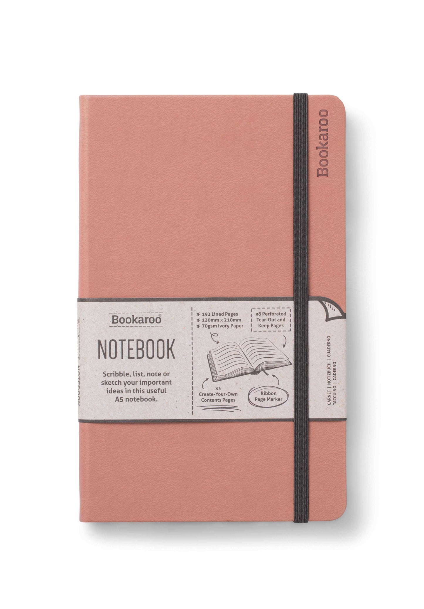 Bookaroo A5 Notebook in pink with hard cover, elastic band, and a label detailing its 192 ivory pages, perfect for journaling and guided prompts.