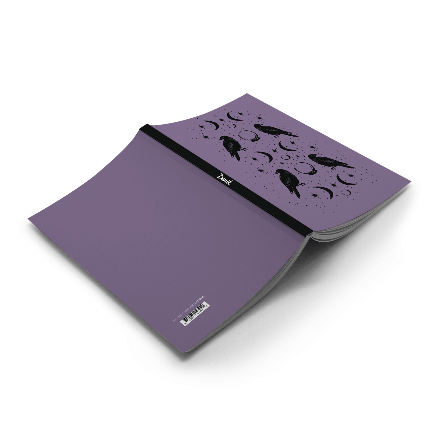 Raven of Fortune Layflat Journal Notebook with a purple cover featuring black raven illustrations, ideal for journaling and guided prompts.