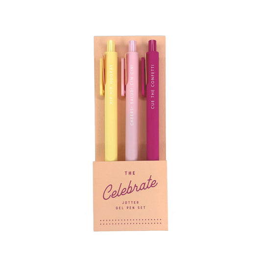 Celebrate Jotter Gel Pen Set of 3 in festive colors, perfect for journaling and guided journaling with phrases Cue the Confetti, Cheers, Hip Hip Hooray.