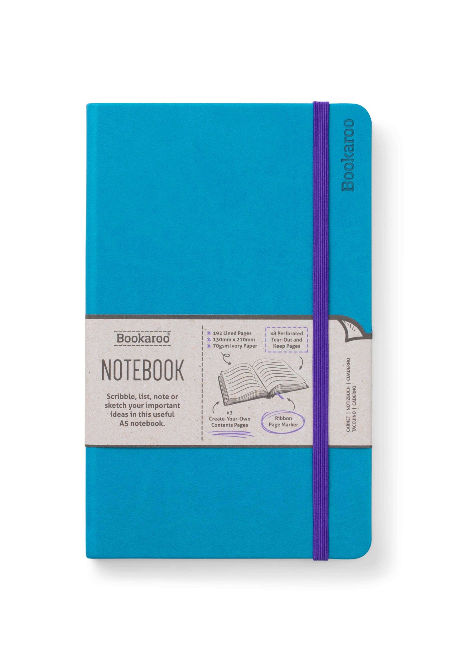 Colorful Bookaroo A5 Notebook with 192 ivory pages, contents page, page numbers, perforated pages, and hard cover for journaling.