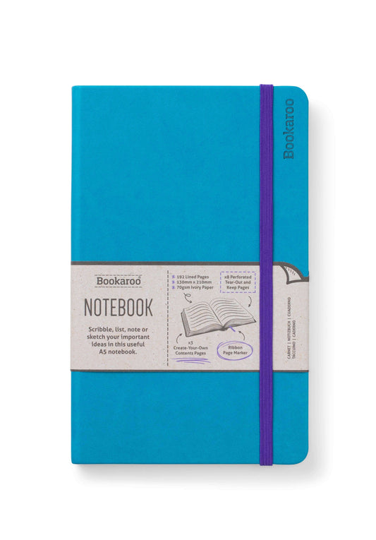 Bookaroo A5 Notebook in vibrant blue color with hard cover, elastic band, and label showing features perfect for journaling and note-taking.