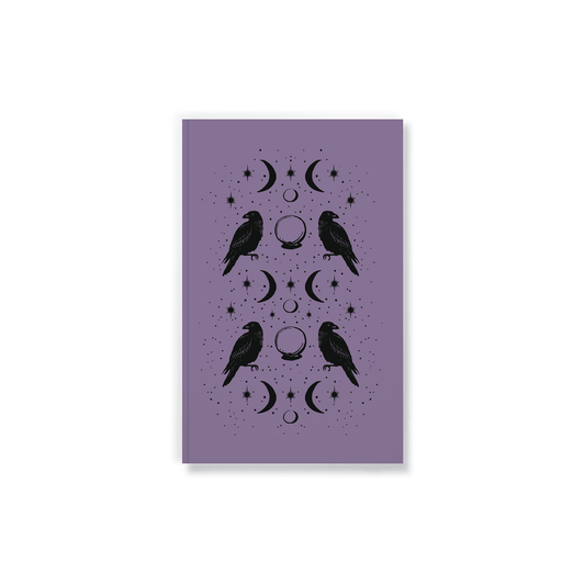 Purple Raven of Fortune Layflat Journal Notebook with celestial design for writers and dreamers, 144 lined pages, durable and water-resistant.