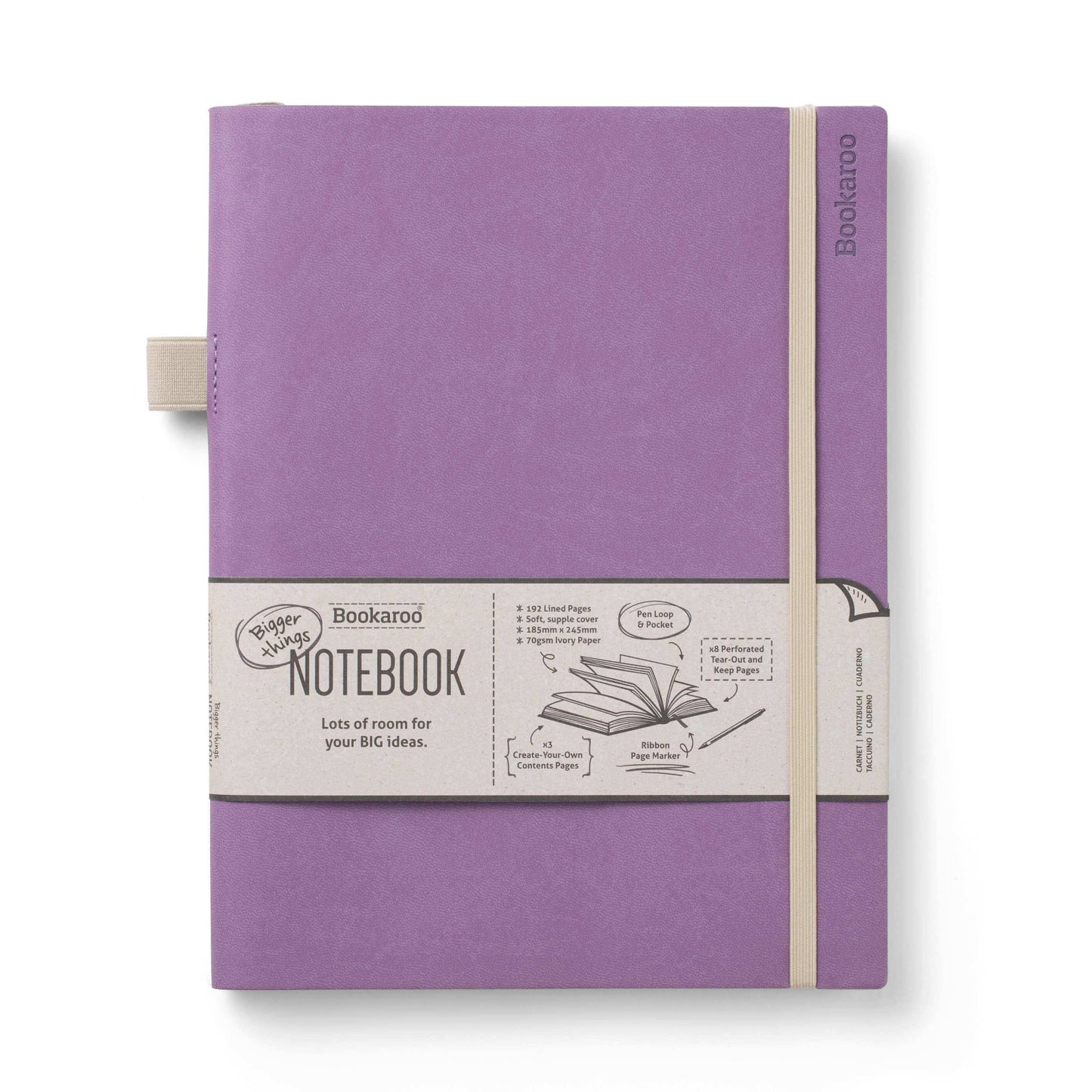 Bookaroo Bigger Things Notebook in purple faux leather, with pen loop and back pocket, perfect for journaling and guided journal prompts.