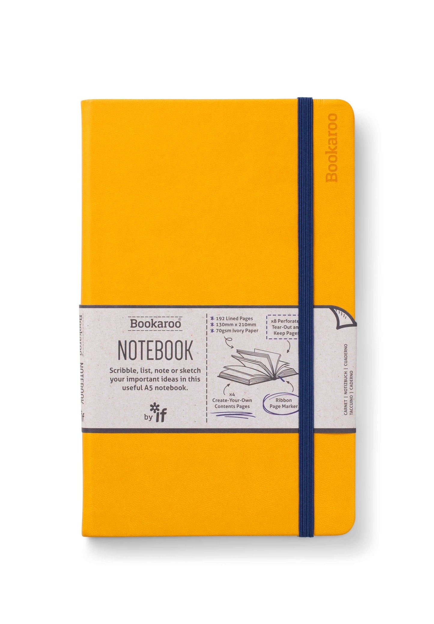 Bright yellow Bookaroo A5 Notebook with elastic band, perfect for guided journaling, journal prompts, and all your journaling needs.