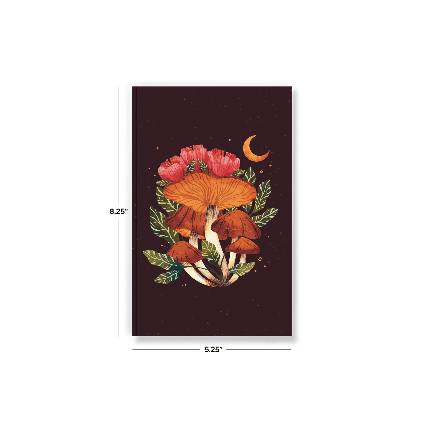 Midnight Mushroom Layflat Journal Notebook cover with vibrant fungi and crescent moon, perfect for magical journaling and capturing thoughts.