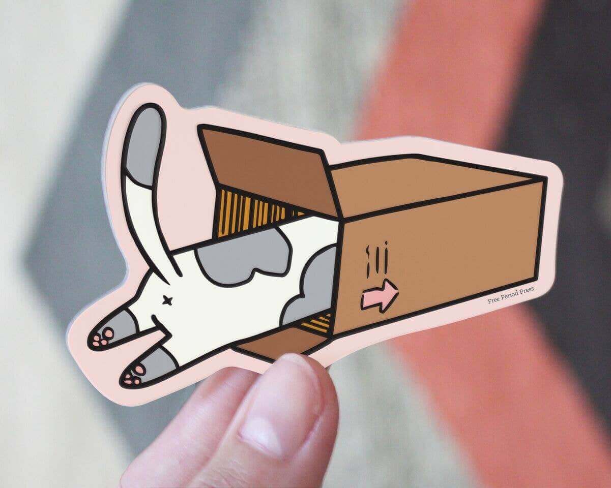 Cute cat box vinyl decal sticker for journaling and journal supplies. Perfect for notebooks, laptops, phone cases, and car decor.