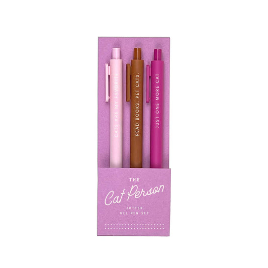 The Cat Person gel pen set of 3 in blush, brown, and pink with cat sayings, perfect for journaling and guided journaling lovers.