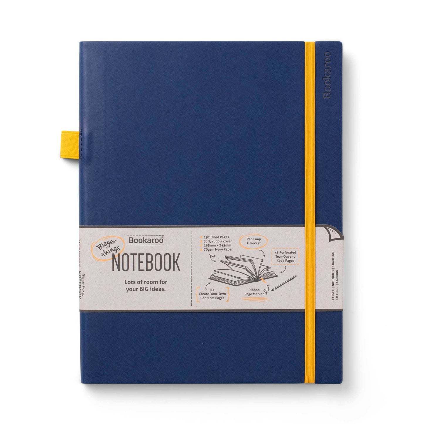 Blue Bookaroo Bigger Things Notebook with yellow elastic strap, perfect for journaling, journal prompts, guided journaling, and journal supplies.