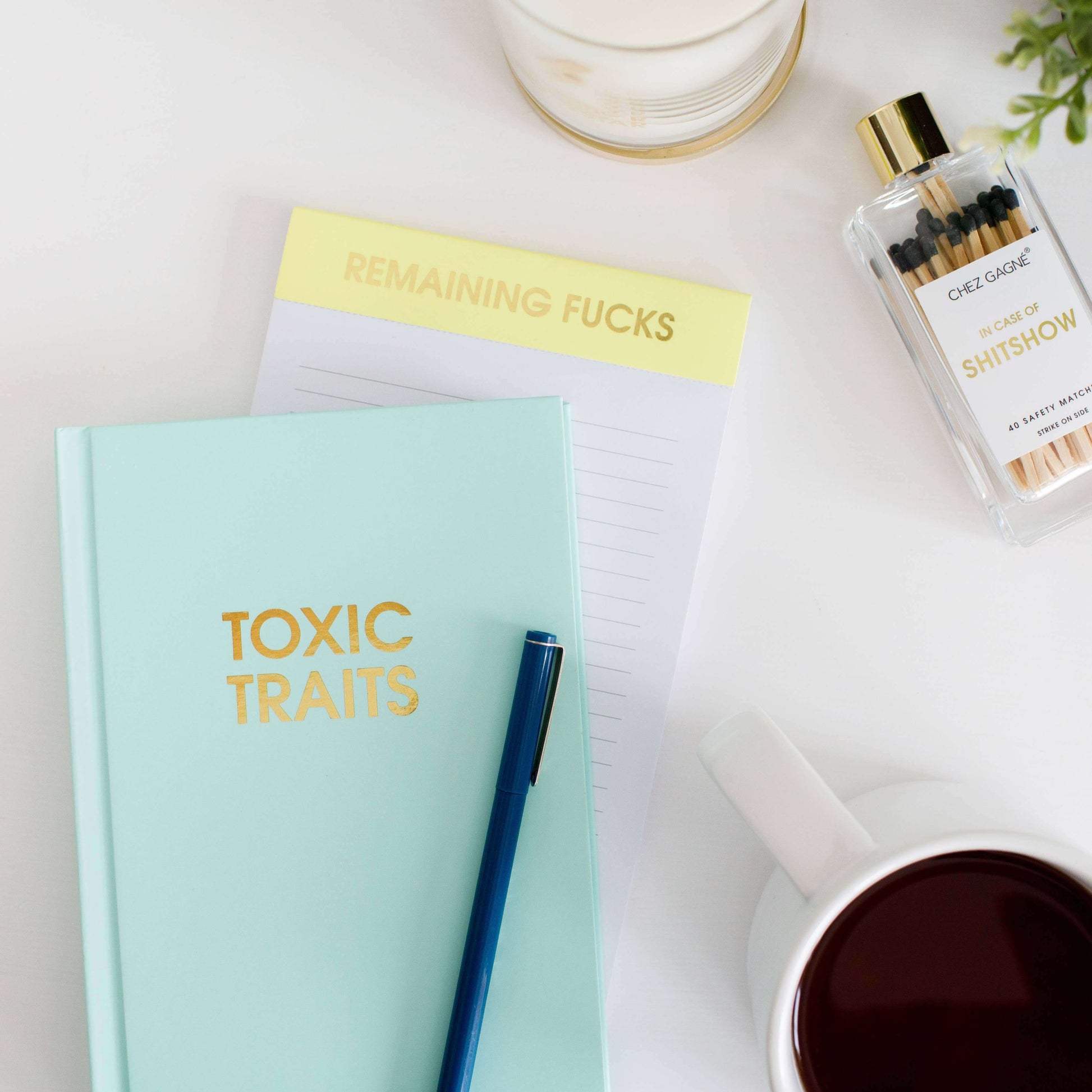 Light green "Toxic Traits" journal with pen, humorous notepad, matches, and coffee, ideal for journaling and guided journal prompts.