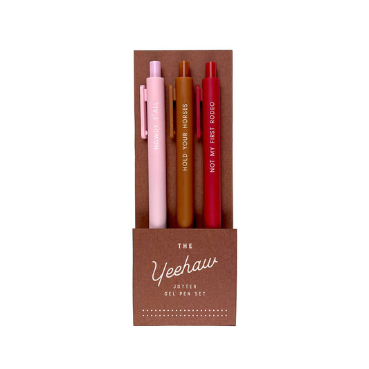 Yeehaw Jotter Gel Pen Set of 3 in pink, brown, and red with phrases "Howdy Y'all", "Hold Your Horses", and "Not My First Rodeo", ideal for journaling