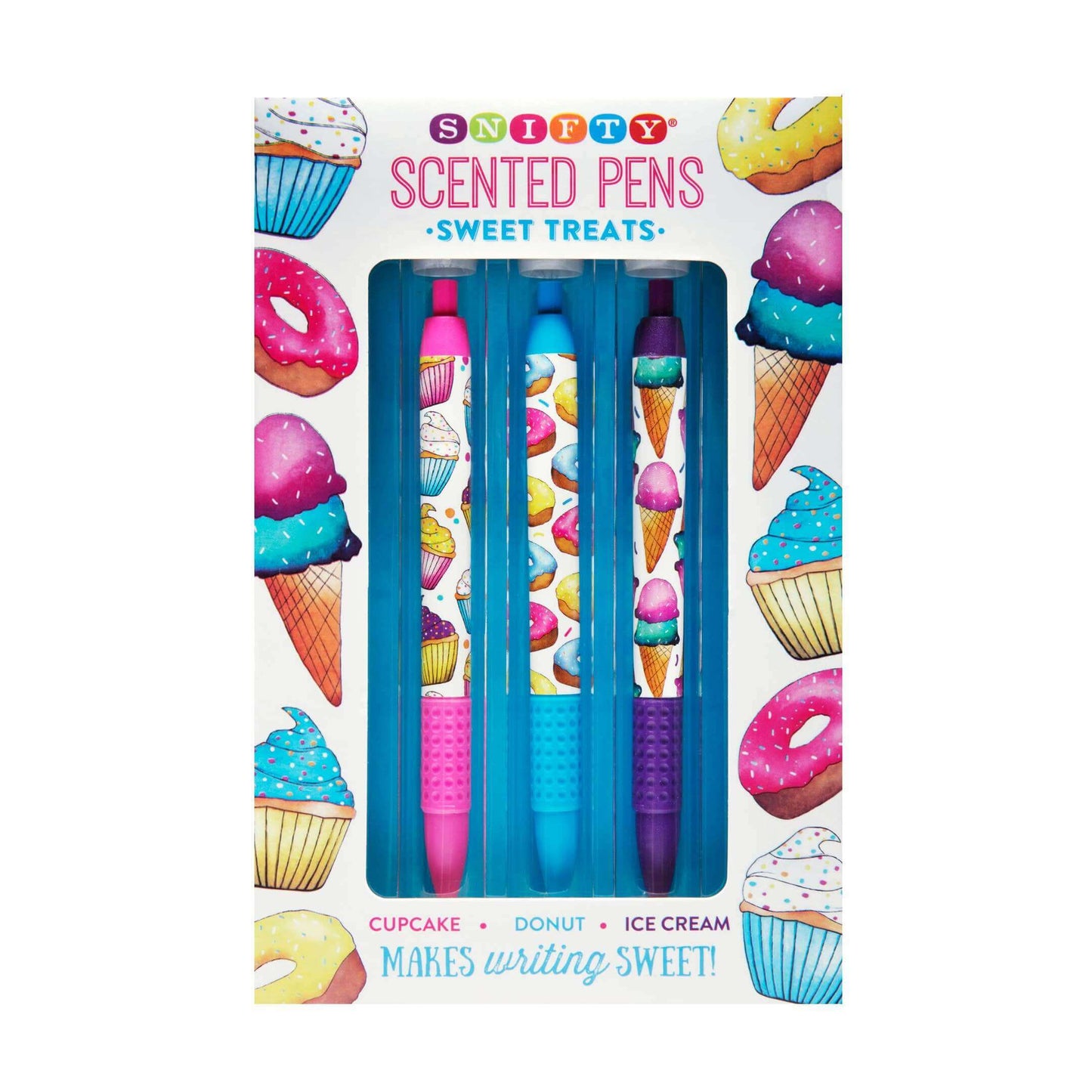 Sweet Treats Scented Pen Set in vibrant packaging, includes Cupcake, Donut, and Ice Cream scents for journaling fun