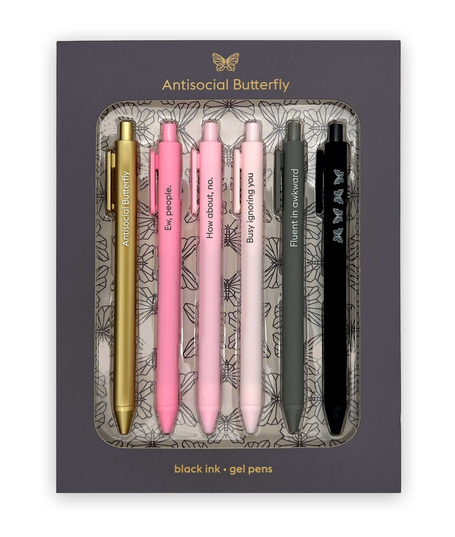 Quirky ANTISOCIAL BUTTERFLY gel pen set with witty sayings, perfect for journaling. Ideal for guided journaling and journal supplies.