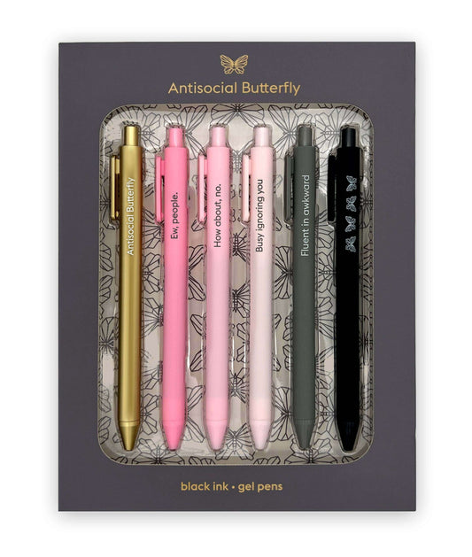 Quirky ANTISOCIAL BUTTERFLY gel pen set with witty sayings, perfect for journaling. Ideal for guided journaling and journal supplies.