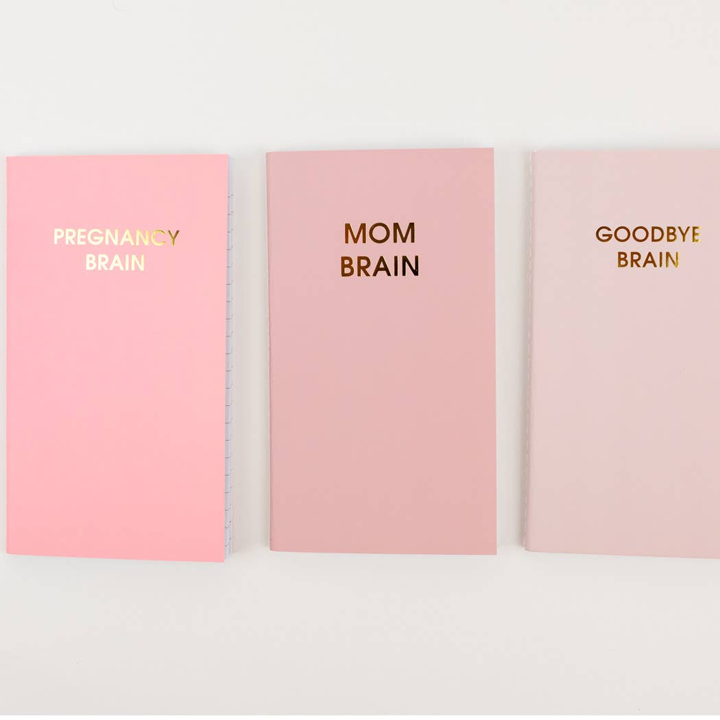 Colorful softcover Mom Brain Mini-Journal Set with Pregnancy Brain, Mom Brain, and Goodbye Brain covers for guided journaling prompts