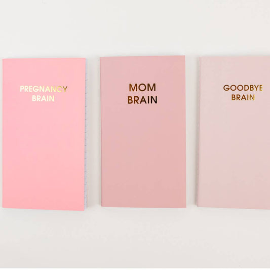 "Mom Brain Mini-Journal Set with Pregnancy Brain, Mom Brain, and Goodbye Brain softcover journals for fun and colorful journaling"