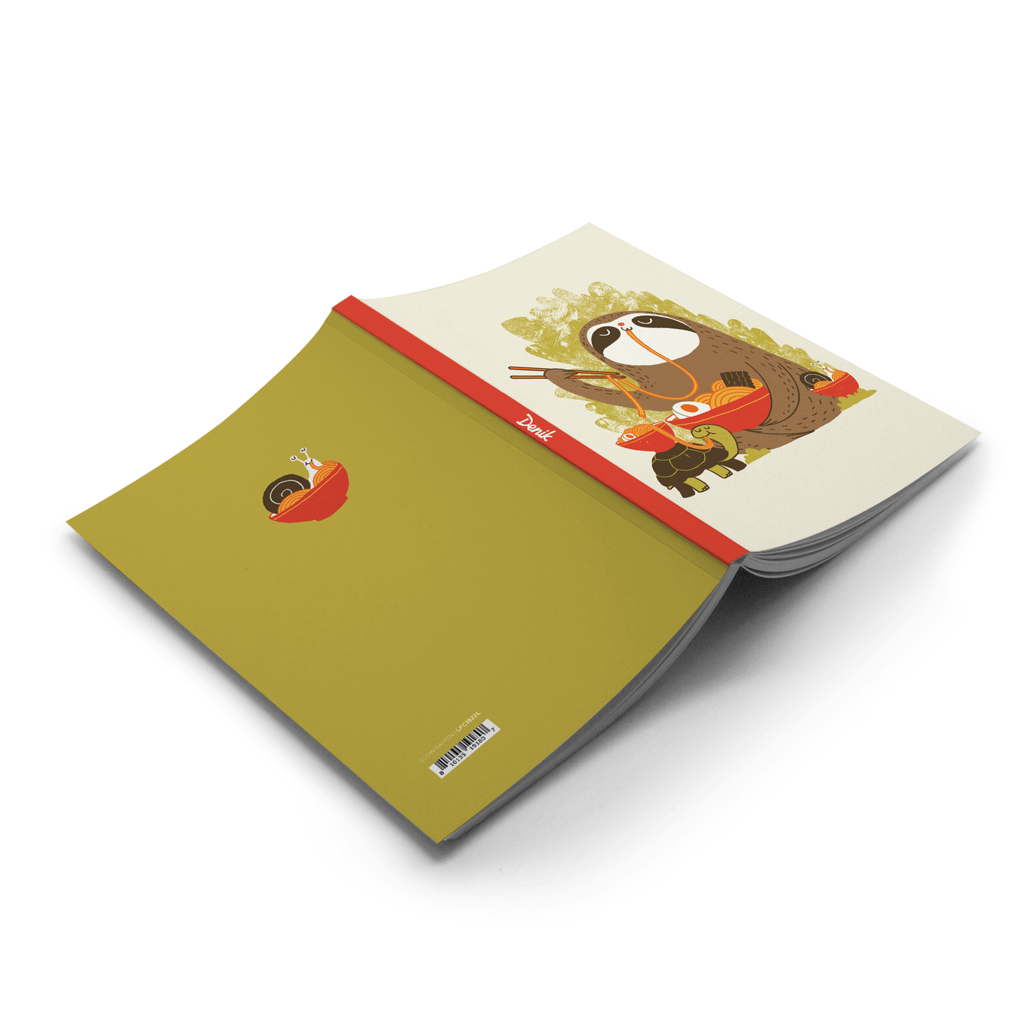 Slow Ramen Classic Layflat Journal Notebook featuring a cute sloth eating ramen, ideal for journaling and guided journal prompts.